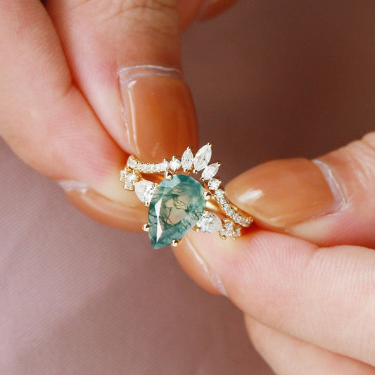 Black Gold Signature Pear Moss Agate Staccato Ring Set 2pcs - Scottie