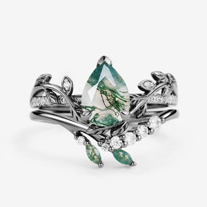 Leafy Pear Shaped Moss Agate Bridal Ring Set 2pcs