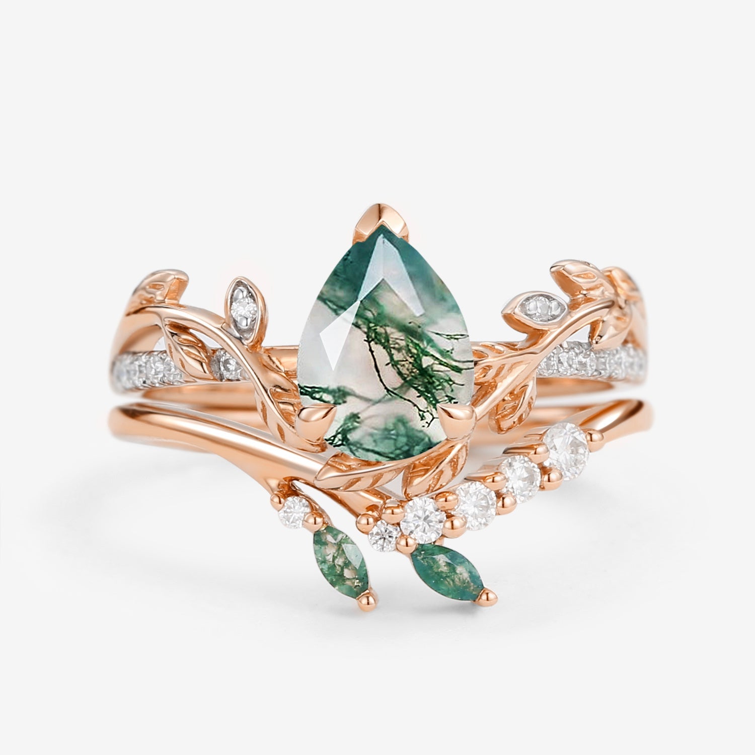 Leafy Pear Shaped Moss Agate Bridal Ring Set 2pcs