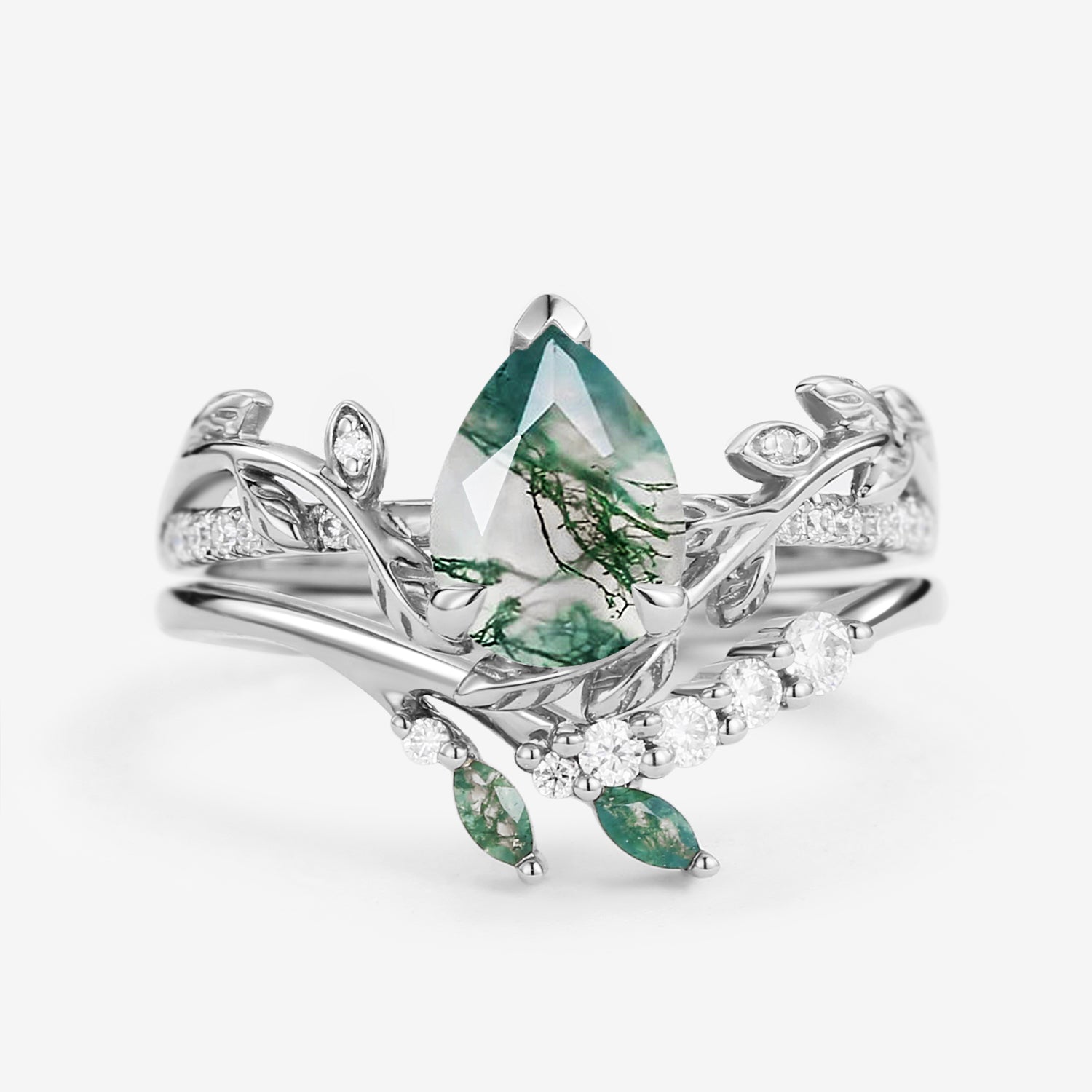 Leafy Pear Shaped Moss Agate Bridal Ring Set 2pcs