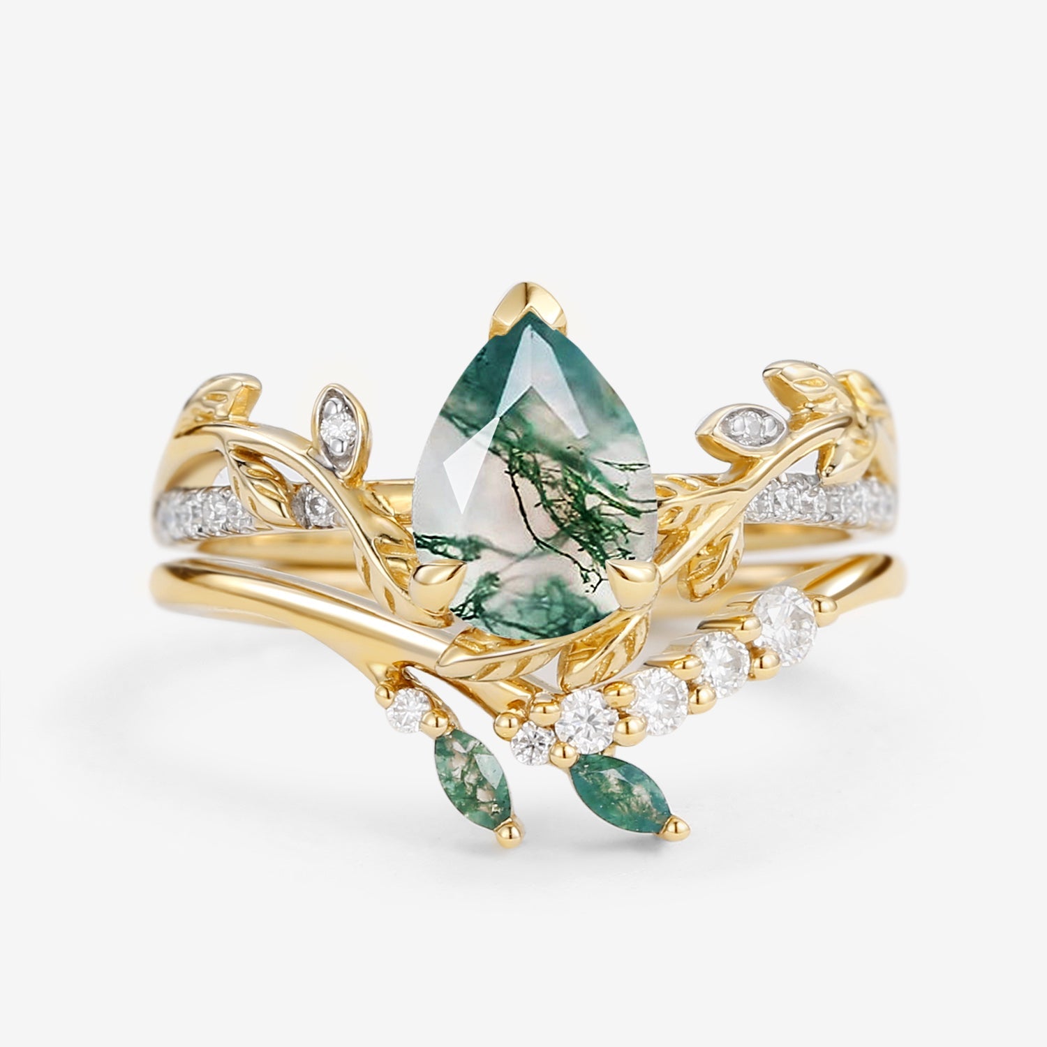 Leafy Pear Shaped Moss Agate Bridal Ring Set 2pcs