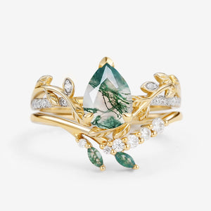 Leafy Pear Shaped Moss Agate Bridal Ring Set 2pcs