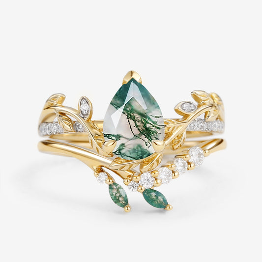 Leafy Pear Shaped Moss Agate Bridal Ring Set 2pcs