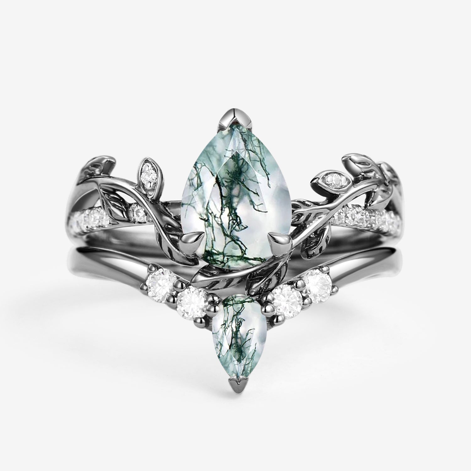 Pear Shaped Moss Agate & Moissanite Leafy Bridal Ring Set 2pcs