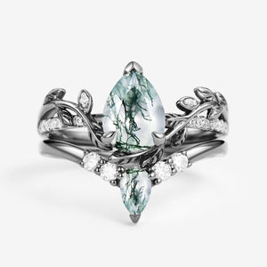 Pear Shaped Moss Agate & Moissanite Leafy Bridal Ring Set 2pcs