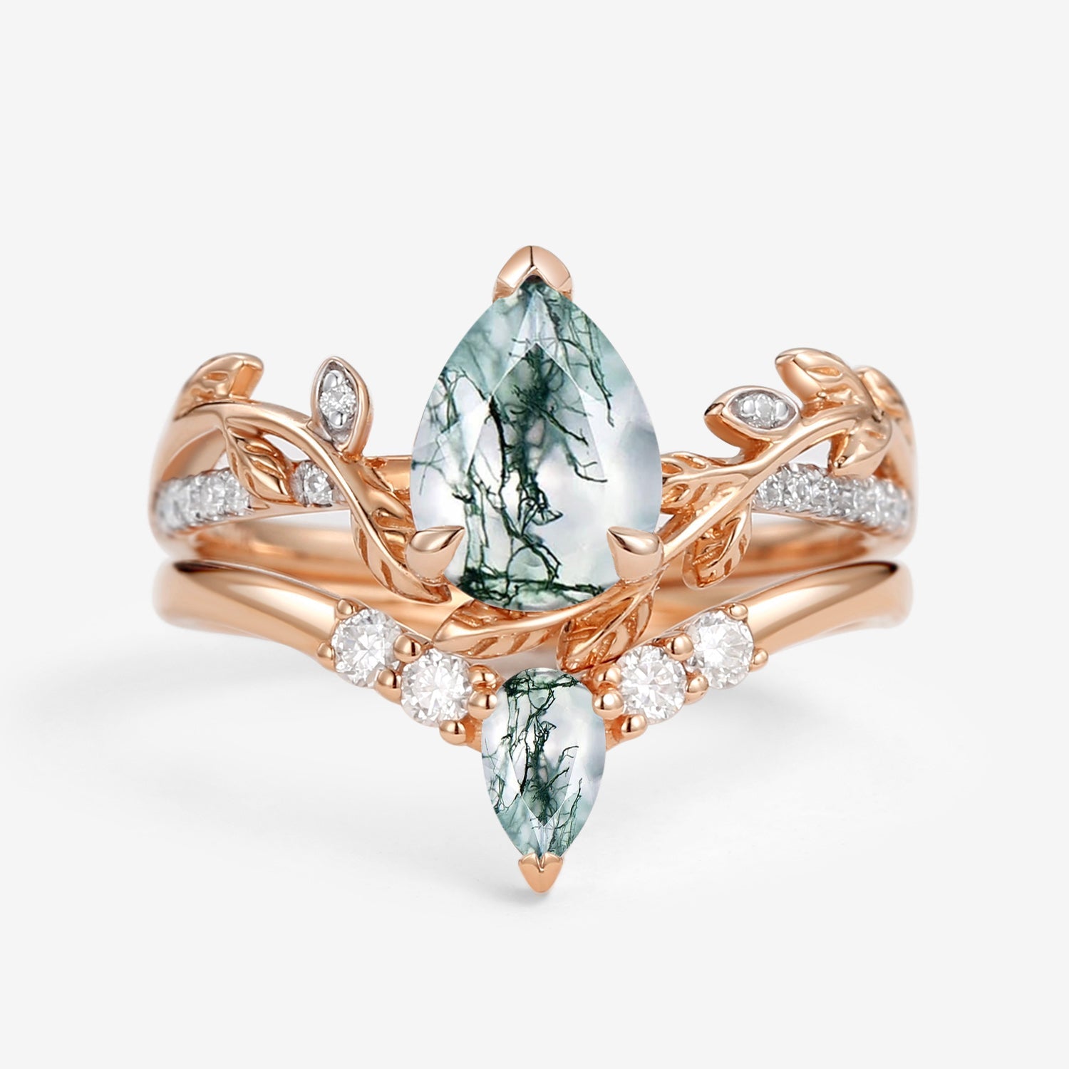 Pear Shaped Moss Agate & Moissanite Leafy Bridal Ring Set 2pcs