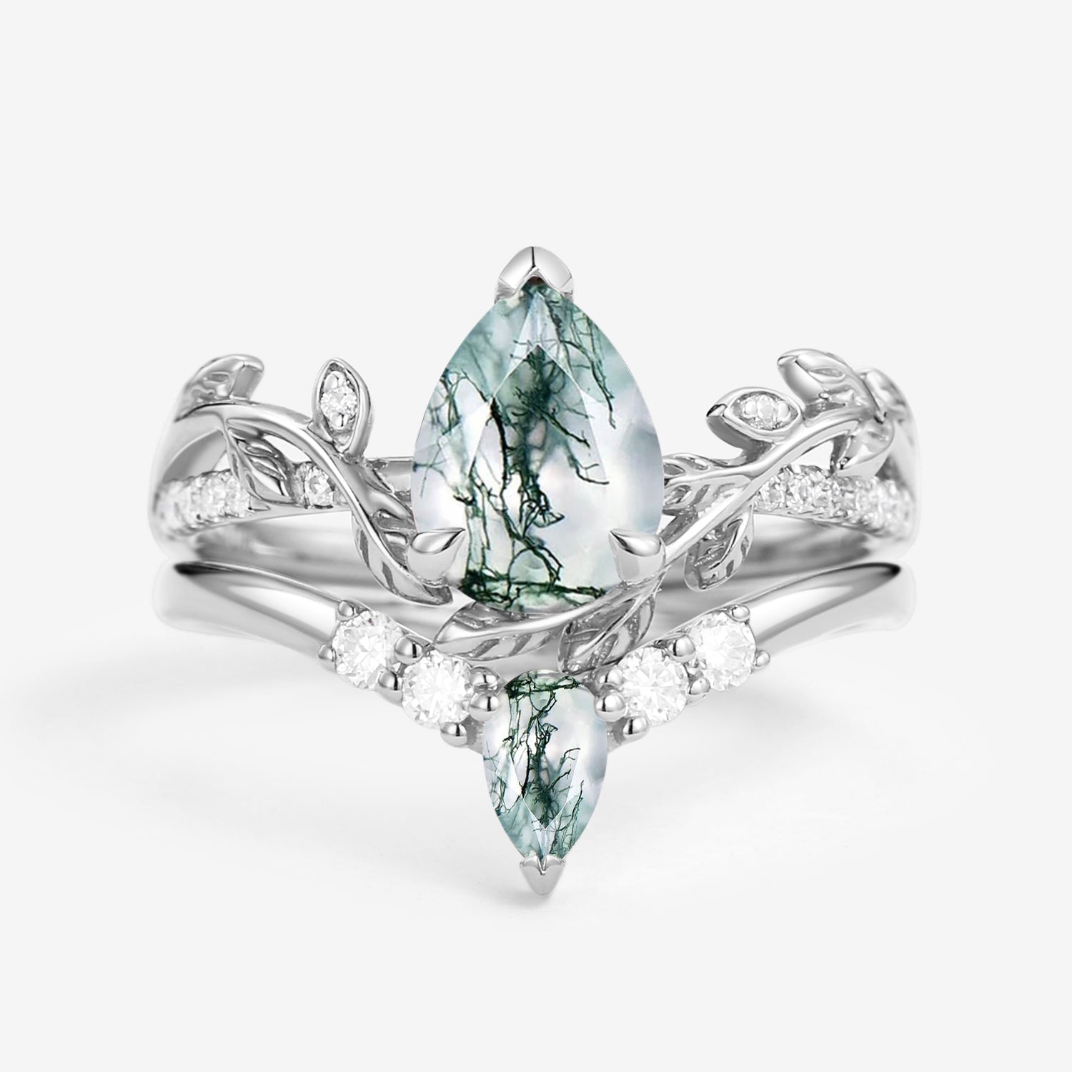 Pear Shaped Moss Agate & Moissanite Leafy Bridal Ring Set 2pcs
