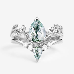 Pear Shaped Moss Agate & Moissanite Leafy Bridal Ring Set 2pcs