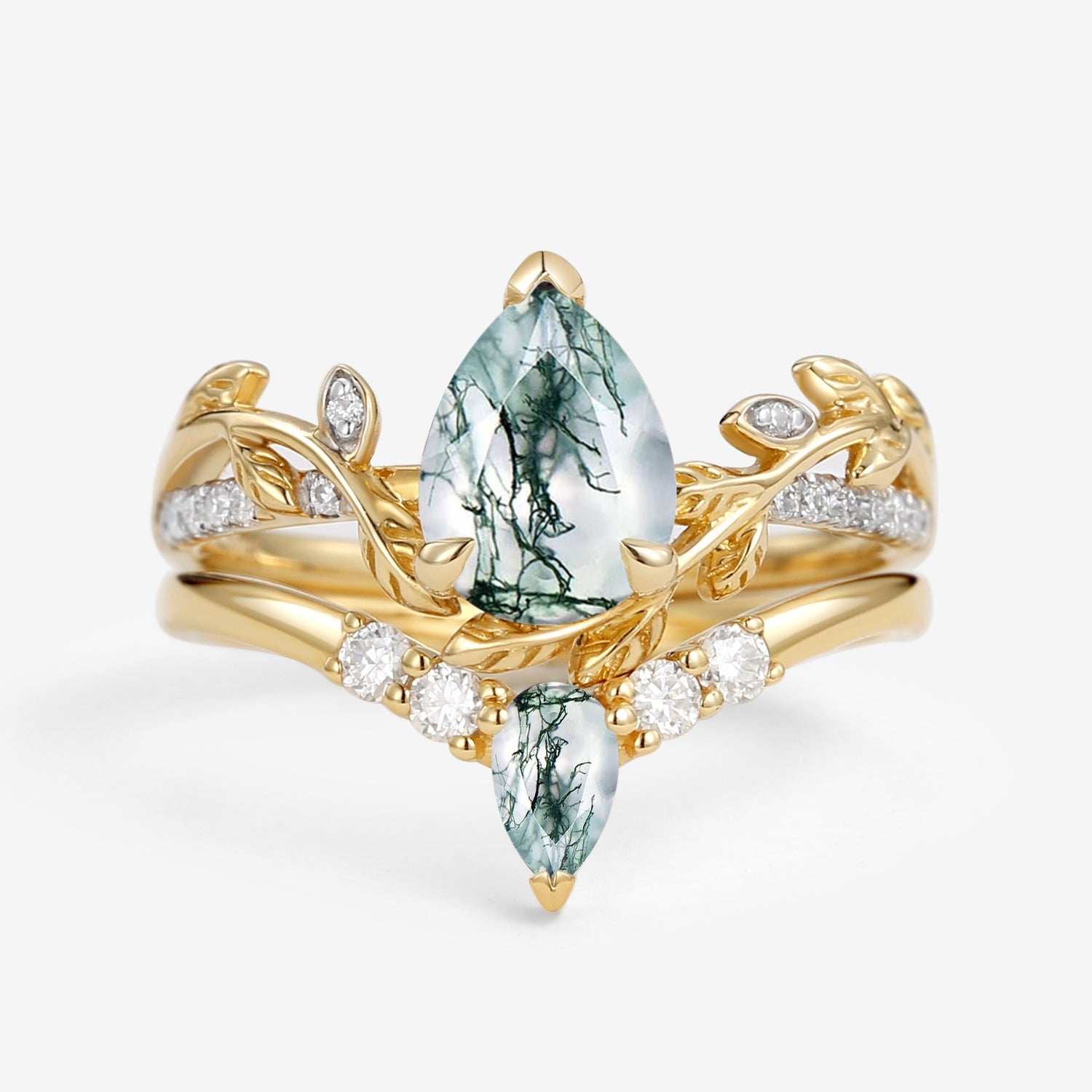 Pear Shaped Moss Agate & Moissanite Leafy Bridal Ring Set 2pcs