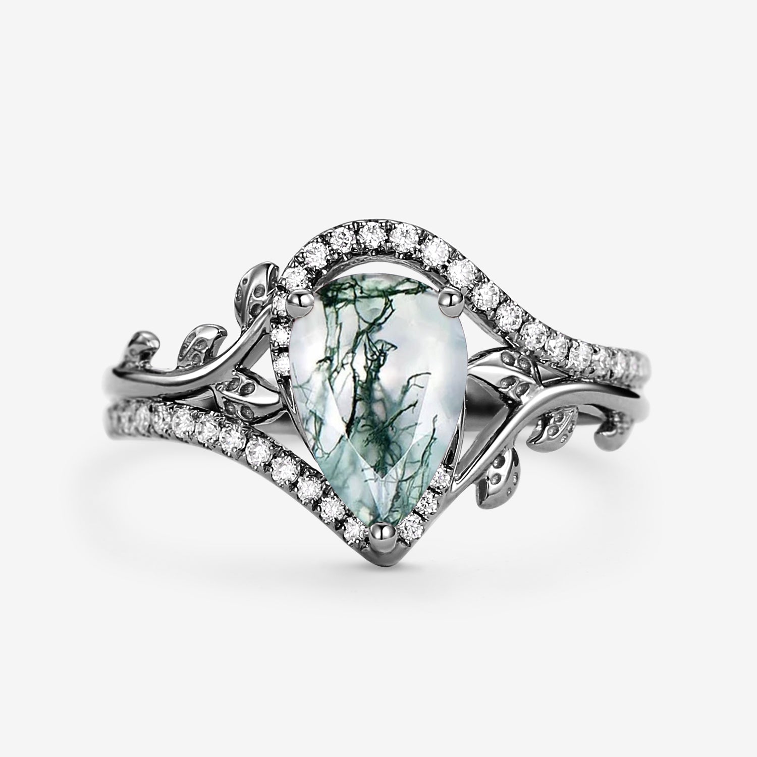 Vintage Pear Cut Moss Agate & Moissanite Leafy Engagement Ring