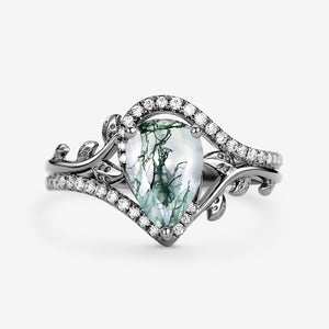 Vintage Pear Cut Moss Agate & Moissanite Leafy Engagement Ring