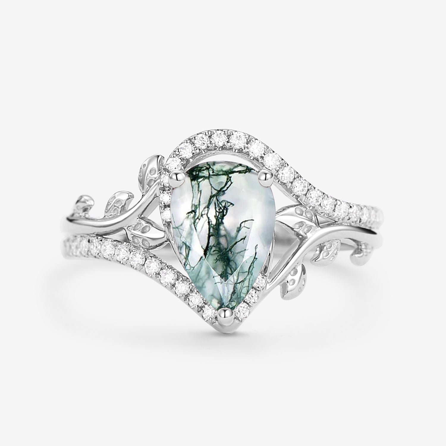 Vintage Pear Cut Moss Agate & Moissanite Leafy Engagement Ring