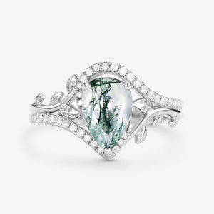 Vintage Pear Cut Moss Agate & Moissanite Leafy Engagement Ring