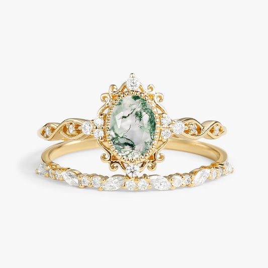 Oval Cut Vintage Moss Agate Engagement Ring Set 2pcs - Margaret