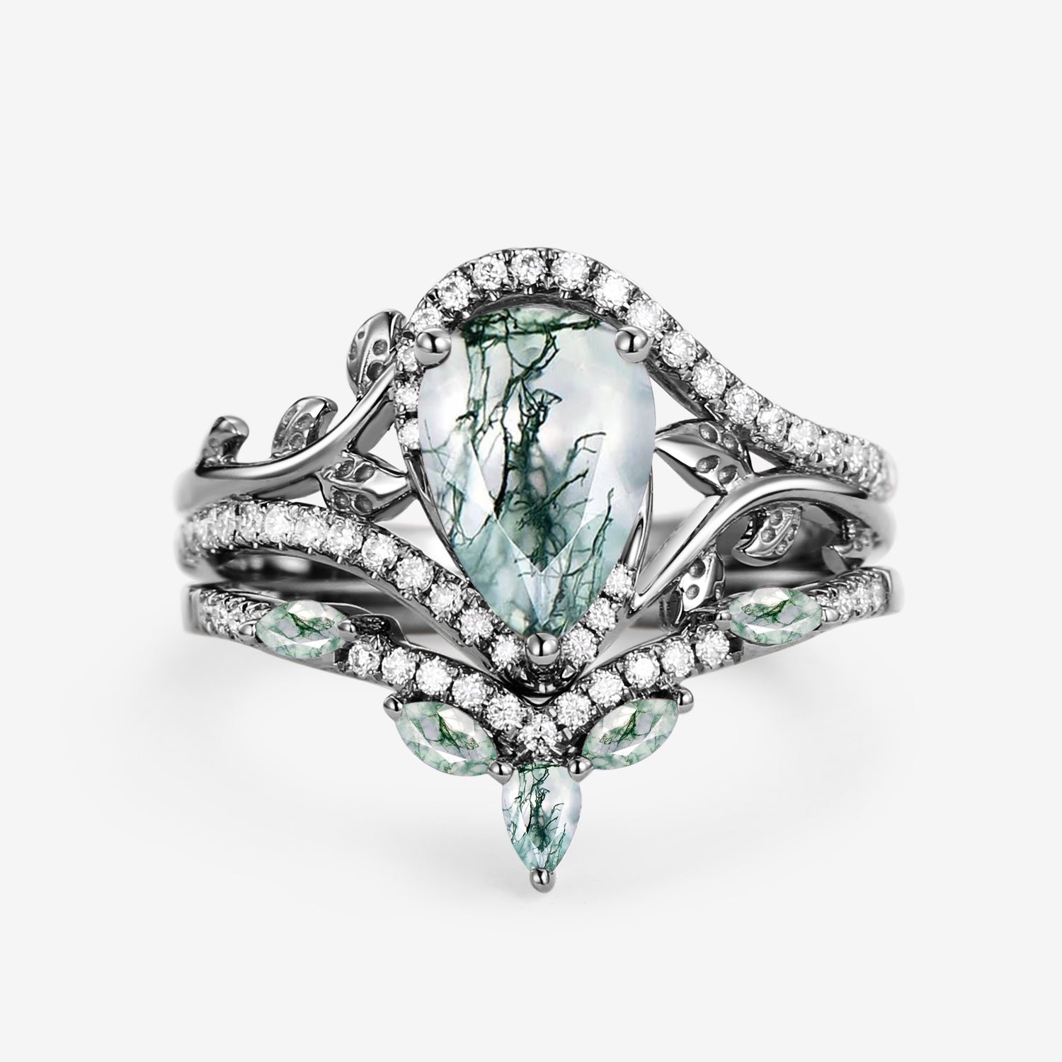 Vintage Pear Cut Moss Agate & Moissanite Leafy Ring Set 2pcs - Dalia