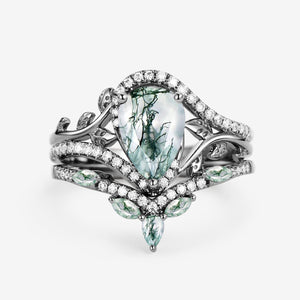 Vintage Pear Cut Moss Agate & Moissanite Leafy Ring Set 2pcs - Dalia