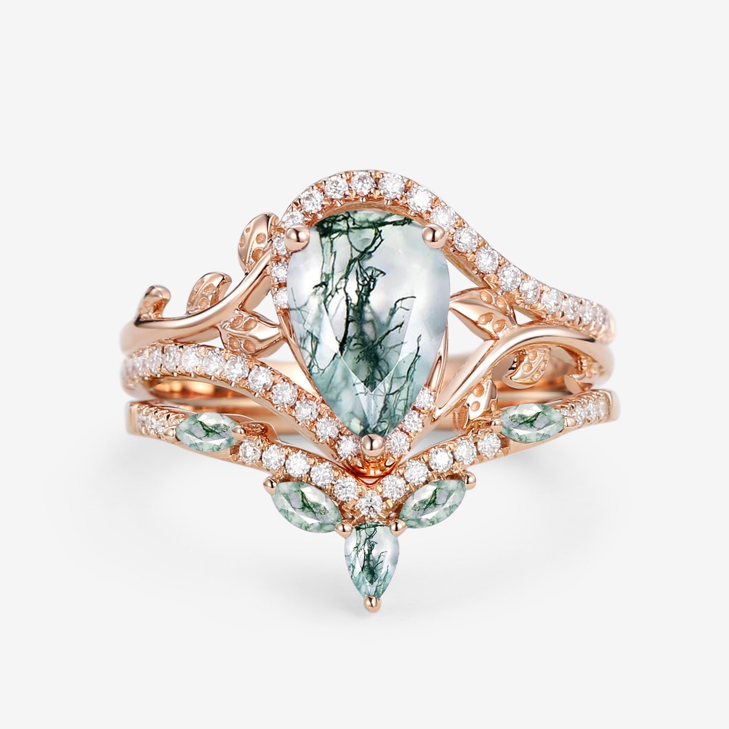 Vintage Pear Cut Moss Agate & Moissanite Leafy Ring Set 2pcs - Dalia