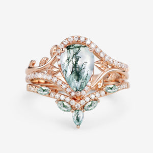 Vintage Pear Cut Moss Agate & Moissanite Leafy Ring Set 2pcs - Dalia