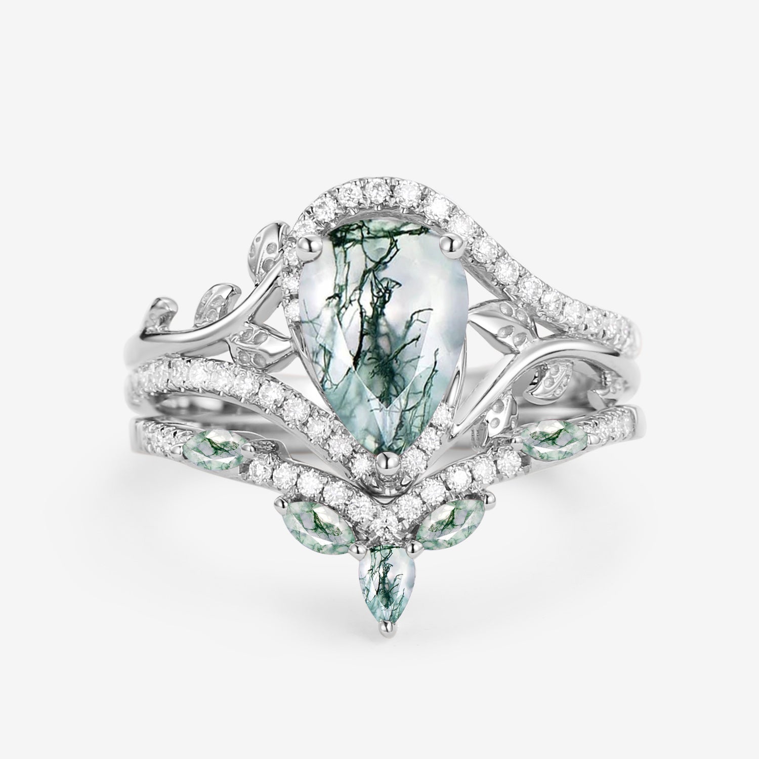 Vintage Pear Cut Moss Agate & Moissanite Leafy Ring Set 2pcs - Dalia