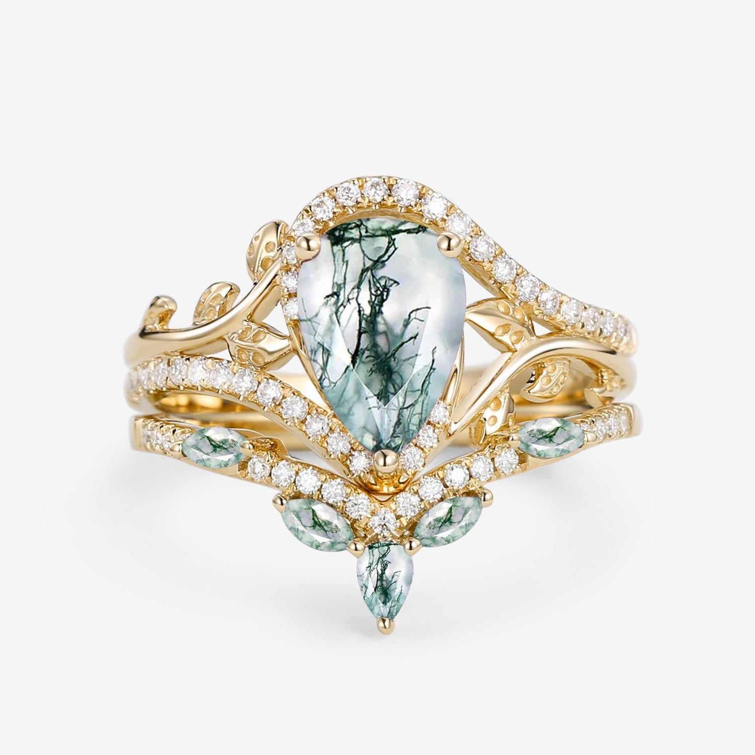 Vintage Pear Cut Moss Agate & Moissanite Leafy Ring Set 2pcs - Dalia