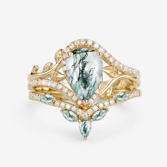 Vintage Pear Cut Moss Agate & Moissanite Leafy Ring Set 2pcs - Dalia