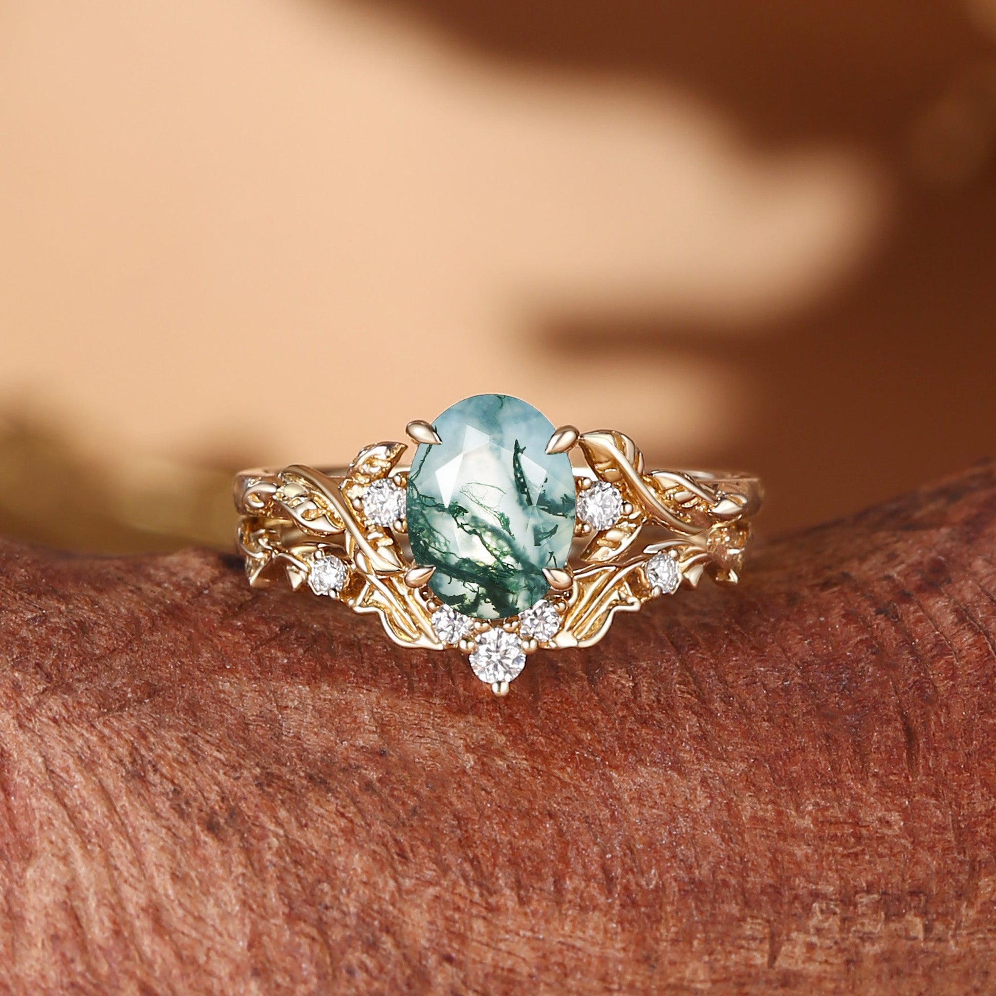 Eden Oval Cut Moss Agate Leaf Branch Engagement Ring Set 2pcs