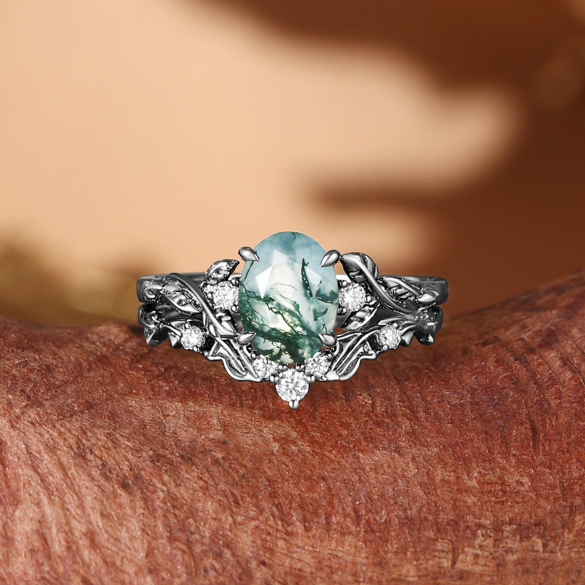 Eden Oval Cut Moss Agate Leaf Branch Engagement Ring Set 2pcs