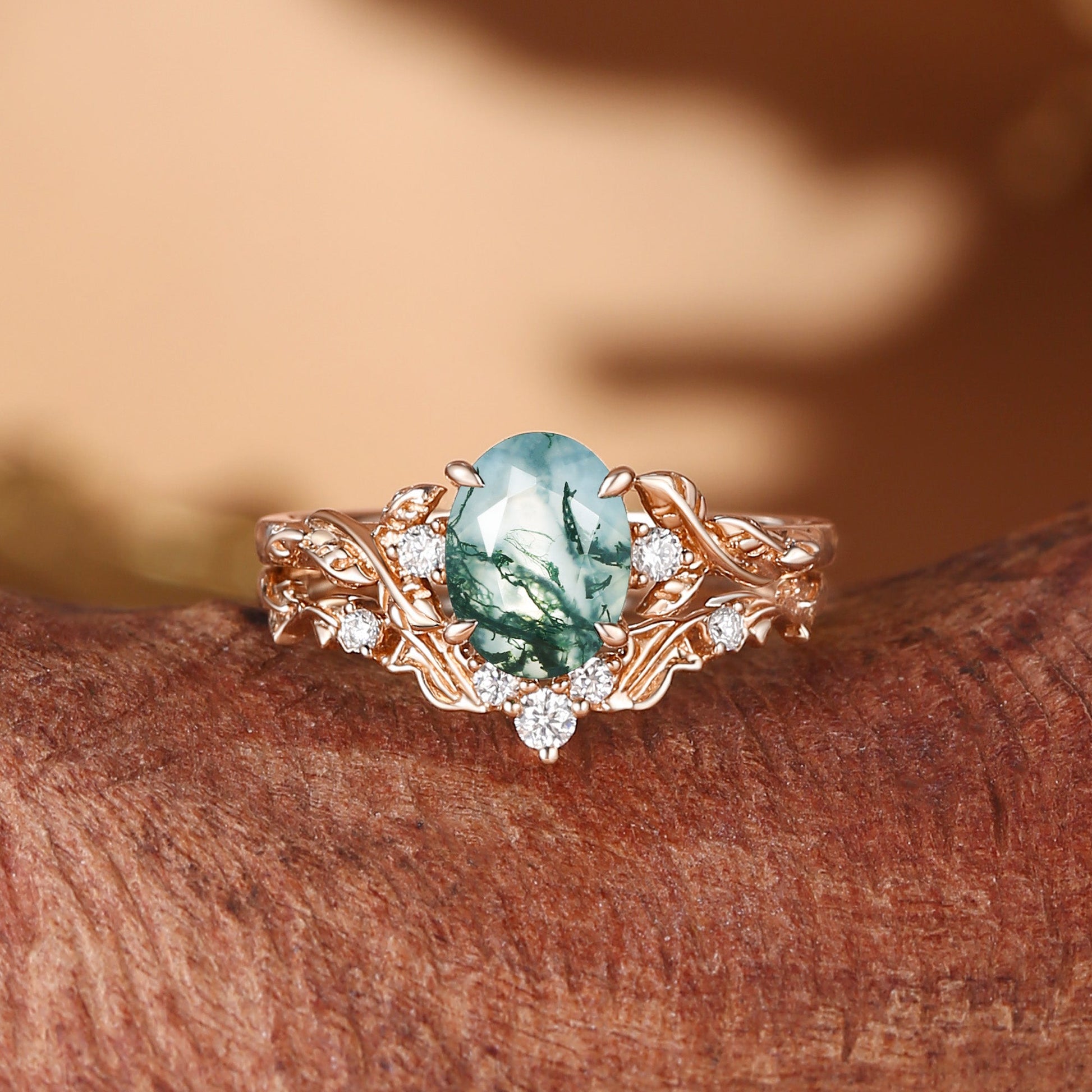 Eden Oval Cut Moss Agate Leaf Branch Engagement Ring Set 2pcs