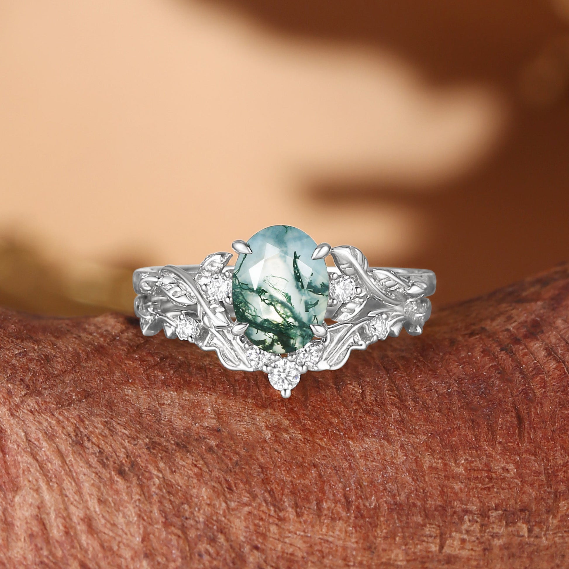 Eden Oval Cut Moss Agate Leaf Branch Engagement Ring Set 2pcs