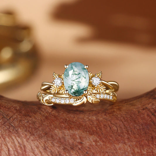 Flora Oval Cut Moss Agate Leafy Flower Engagement Ring Set 2pcs