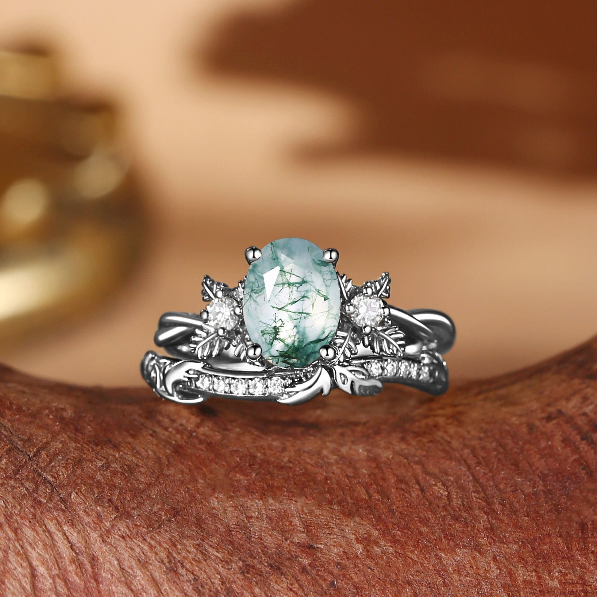 Flora Oval Cut Moss Agate Leafy Flower Engagement Ring Set 2pcs