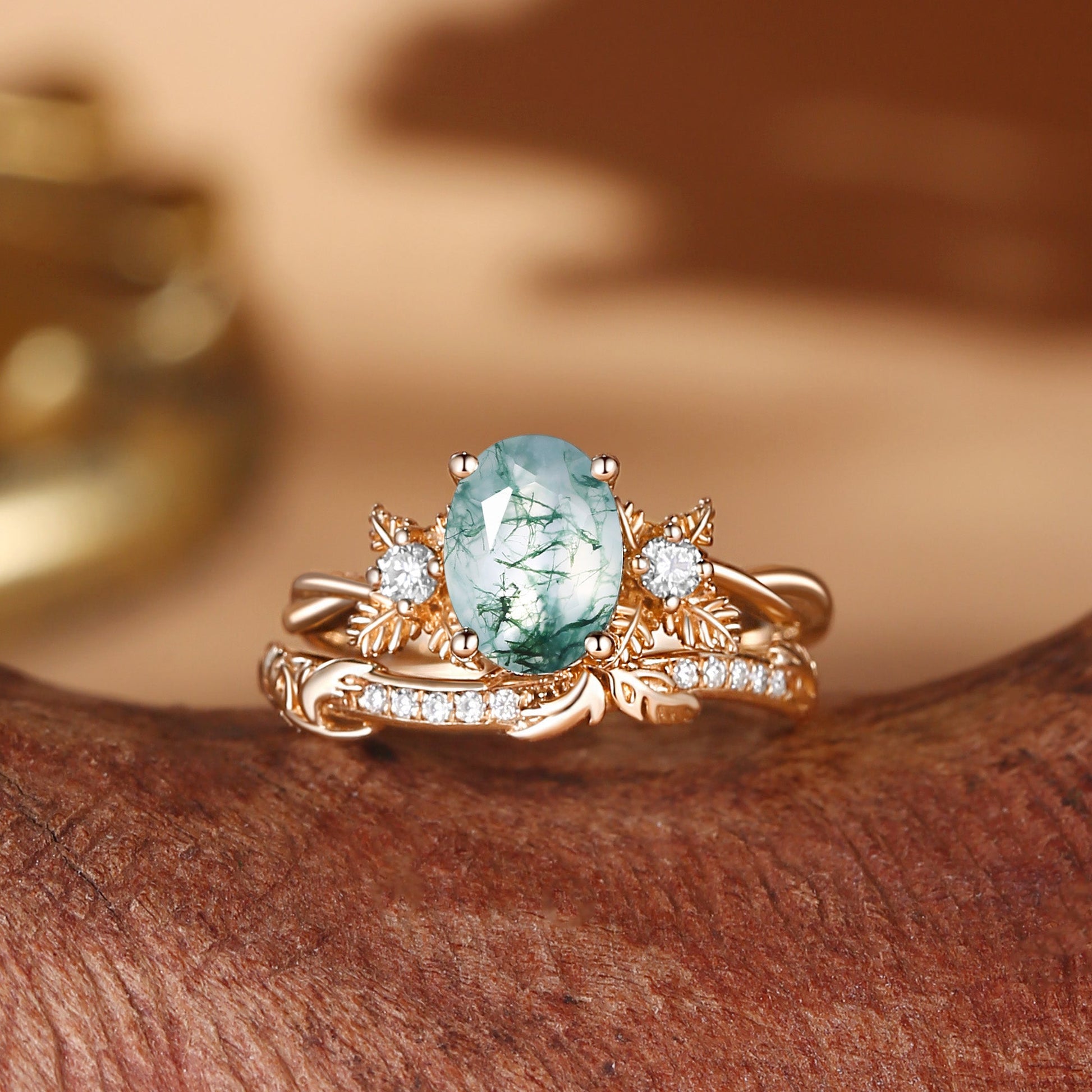 Flora Oval Cut Moss Agate Leafy Flower Engagement Ring Set 2pcs