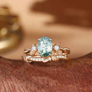 Flora Oval Cut Moss Agate Leafy Flower Engagement Ring Set 2pcs