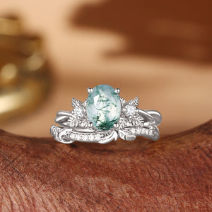 Flora Oval Cut Moss Agate Leafy Flower Engagement Ring Set 2pcs