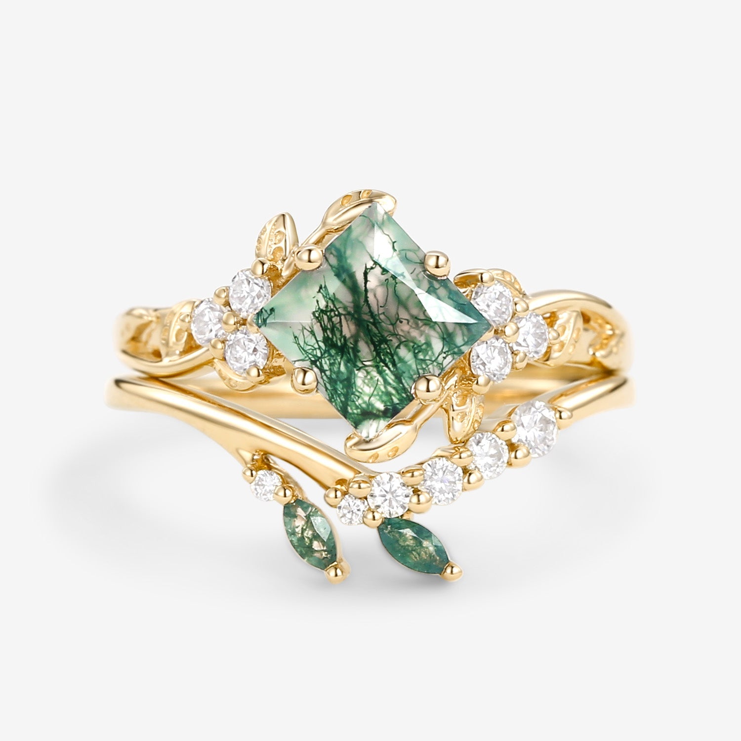 Nature Inspired Green Leafy Princess Cut Moss Agate Engagement Ring Set 2PCS