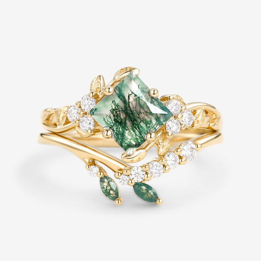 Nature Inspired Green Leafy Princess Cut Moss Agate Engagement Ring Set 2PCS