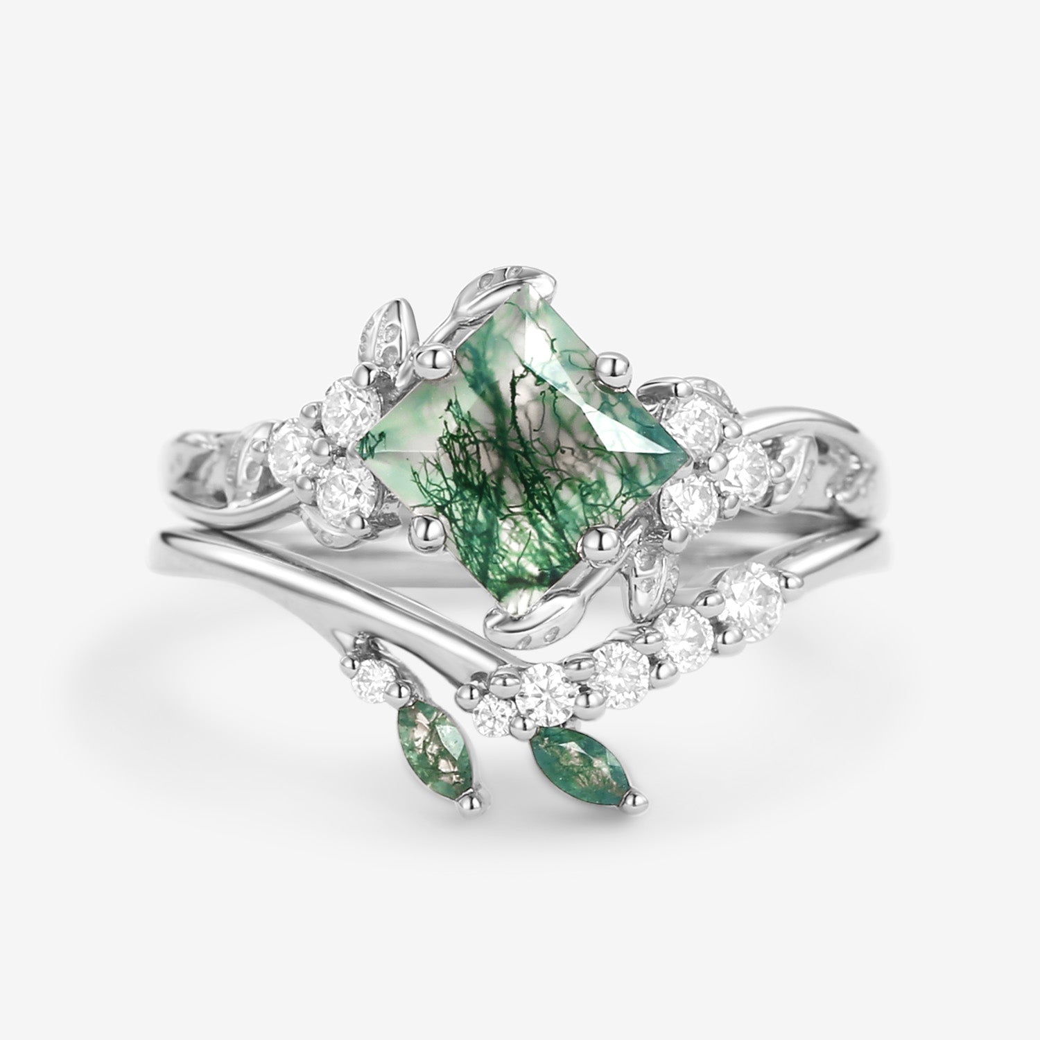 Nature Inspired Green Leafy Princess Cut Moss Agate Engagement Ring Set 2PCS