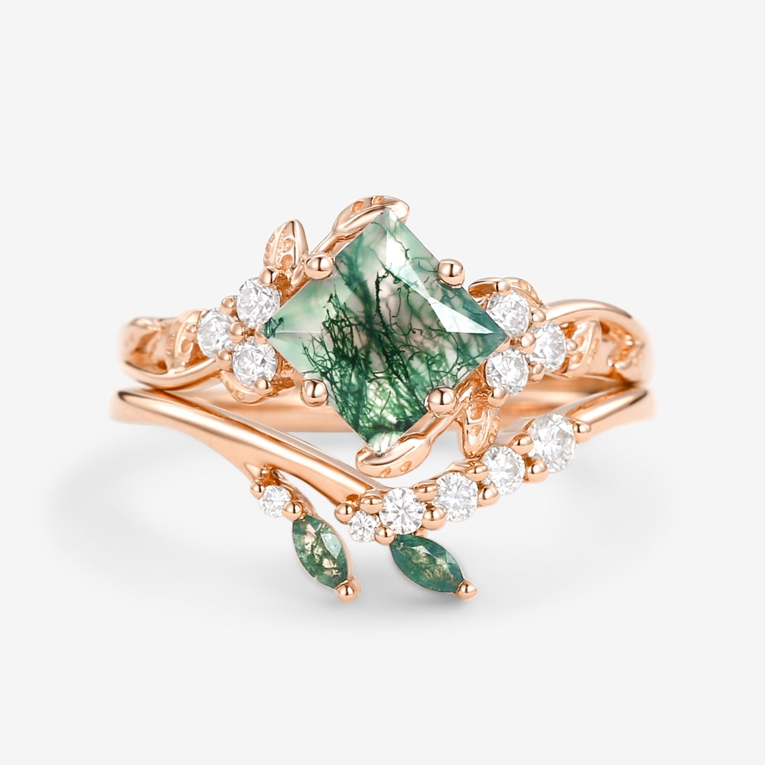Nature Inspired Green Leafy Princess Cut Moss Agate Engagement Ring Set 2PCS