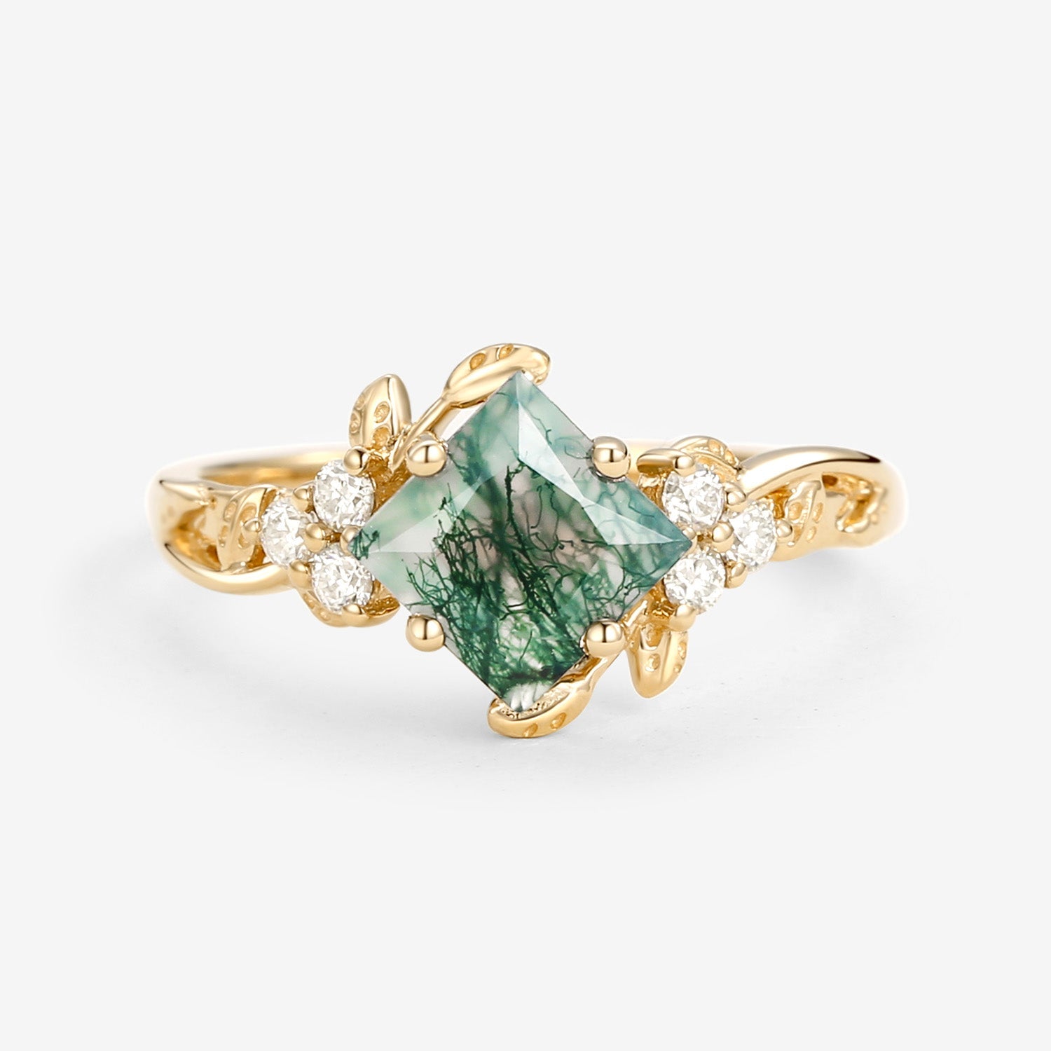 Black Gold Green Leafy Princess Cut Moss Agate Engagement Ring