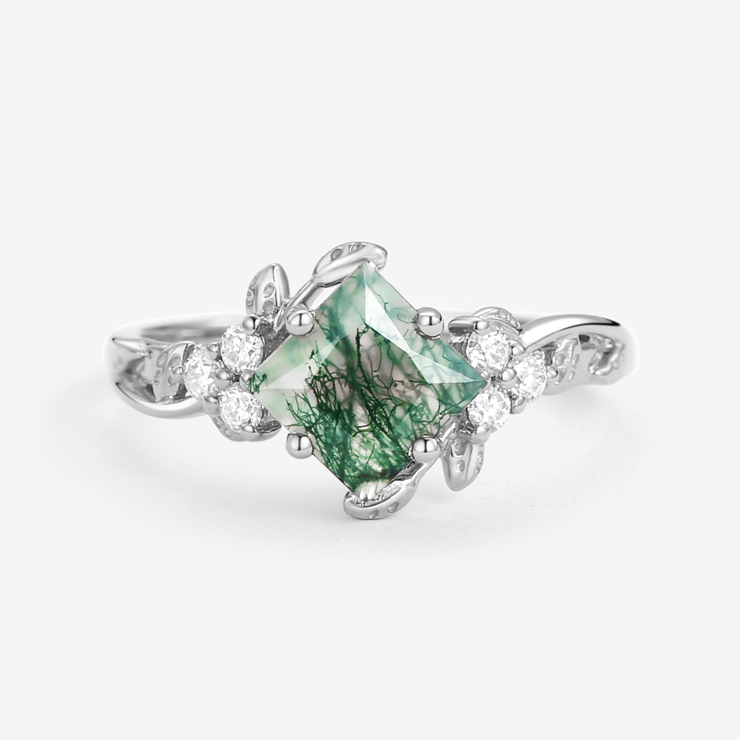 Black Gold Green Leafy Princess Cut Moss Agate Engagement Ring