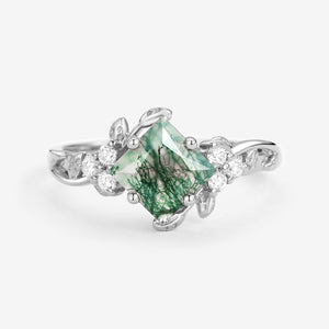 Black Gold Green Leafy Princess Cut Moss Agate Engagement Ring