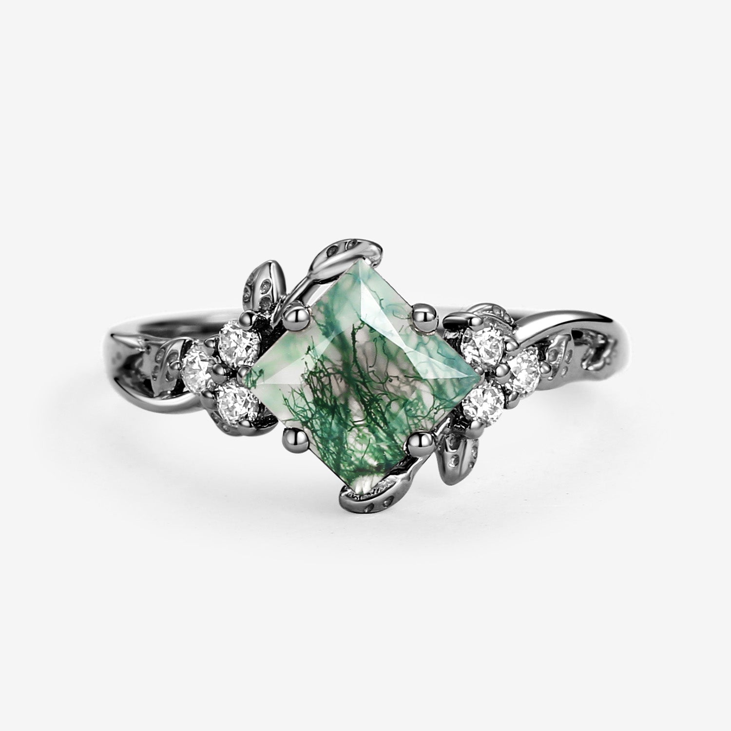 Black Gold Green Leafy Princess Cut Moss Agate Engagement Ring
