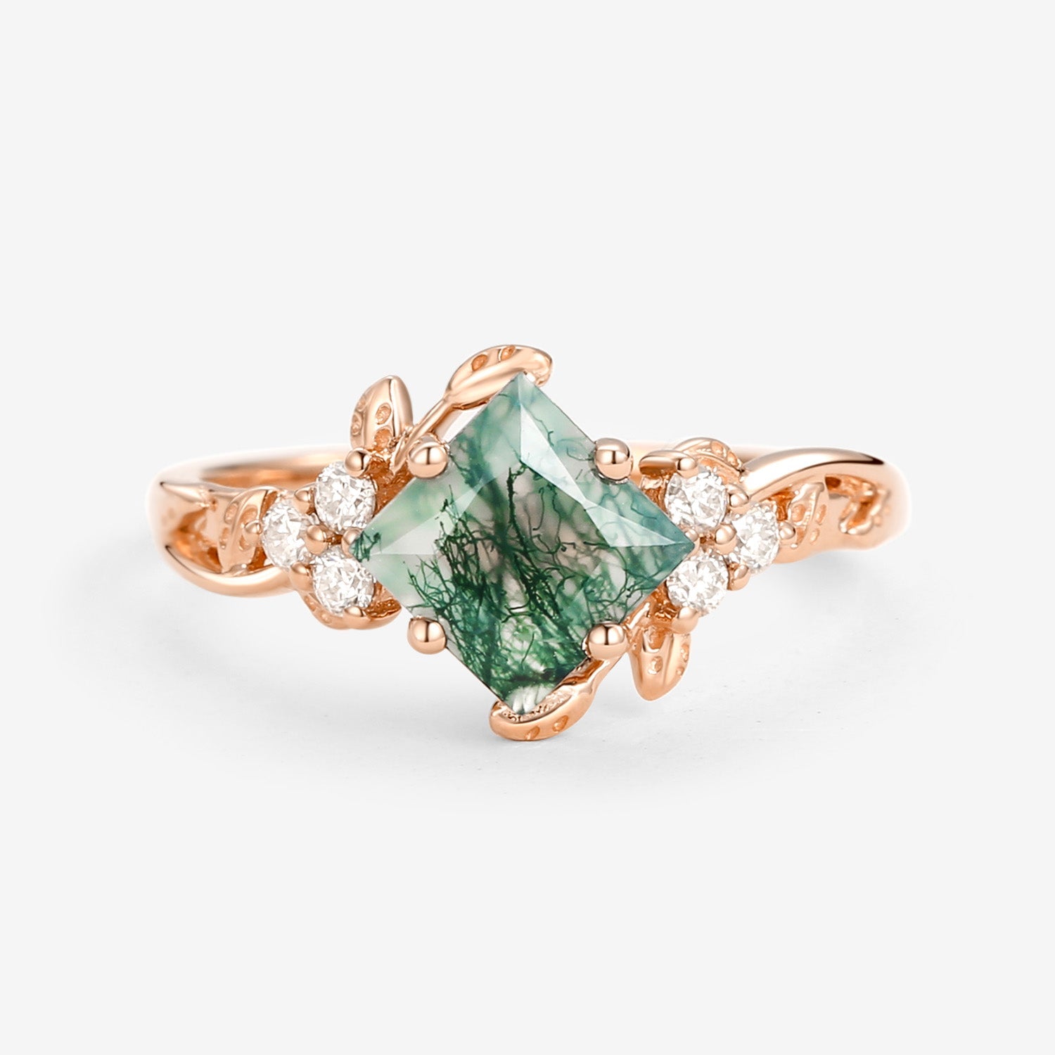 Black Gold Green Leafy Princess Cut Moss Agate Engagement Ring