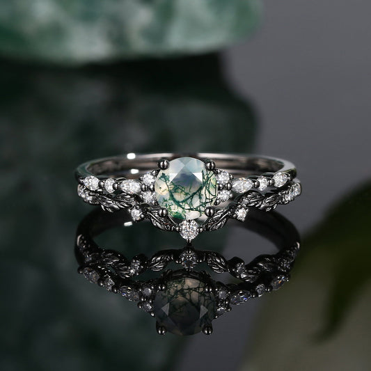 Round Shaped Leafy Moss Agate Engagement Ring Sets - Sarah