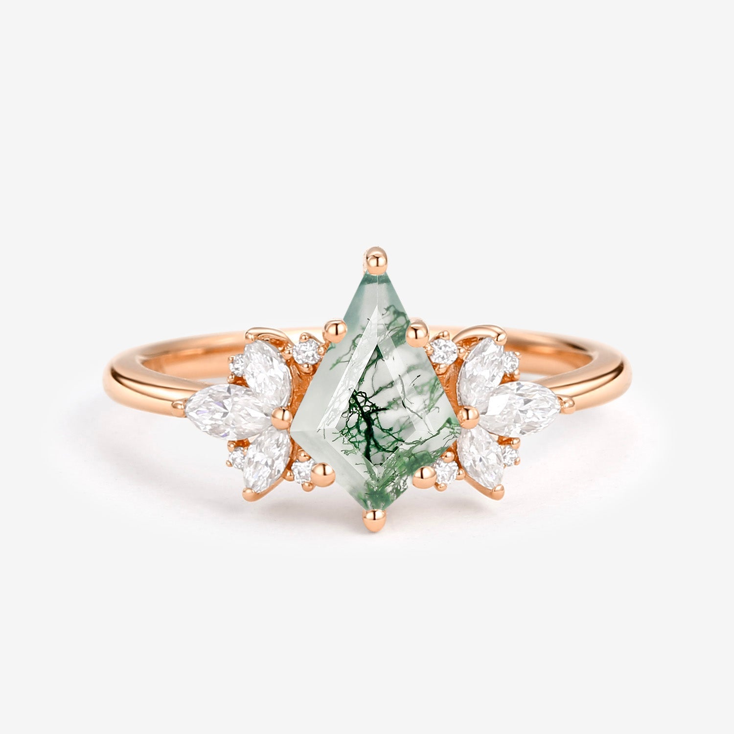 Unique Rose Gold Moss Agate Kite Cut Engagement Ring - Morpho