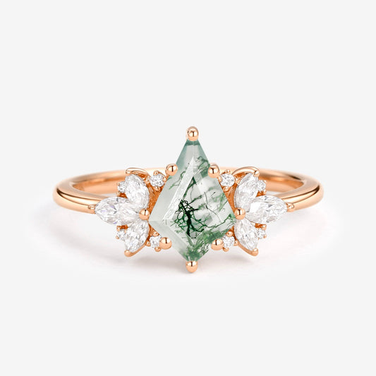 Unique Rose Gold Moss Agate Kite Cut Engagement Ring - Morpho