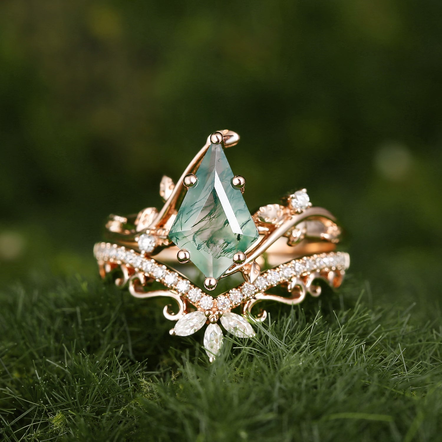 2.0ct Vintage Kite Cut Moss Agate Engagement Ring Set 2pcs - Daniella