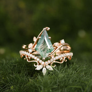 2.0ct Vintage Kite Cut Moss Agate Engagement Ring Set 2pcs - Daniella