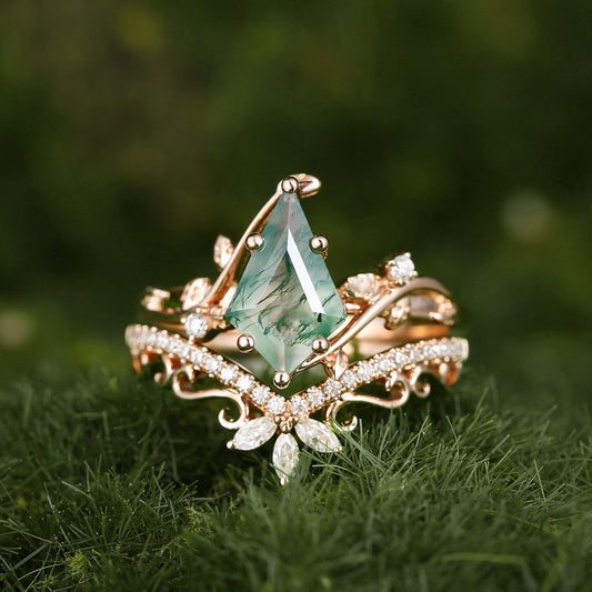 2.0ct Vintage Kite Cut Moss Agate Engagement Ring Set 2pcs - Daniella
