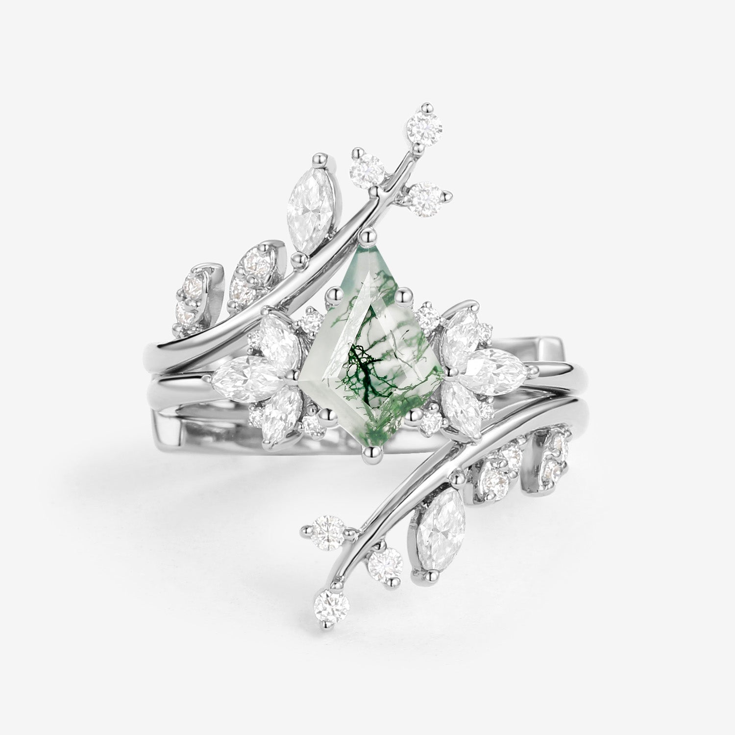 Nature Inspired Kite Cut Moss Agate Cage Leafy Ring 2pcs